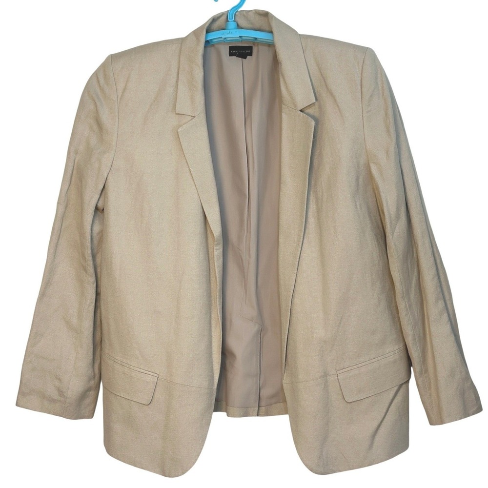 Ann Taylor Factory Blazer Women Beige Linen Open Front Capsule Transitional  16